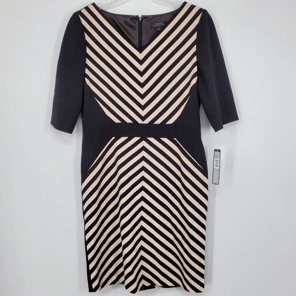 Elegant Black &‎ Khaki Chevron Striped Career Dress with 3/4 Sleeves Size 10